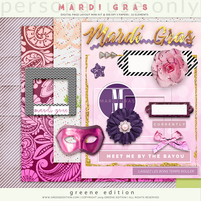 pattern clash, greene edition, Mardi Gras page layout kit